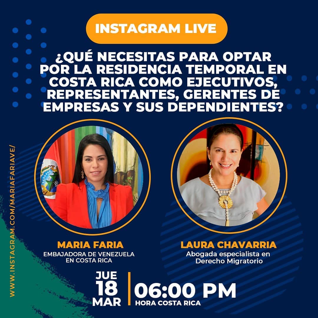 Live with the Venezuelan Ambassador Maria Faria where we clarified some questions about how to apply for a Temporary Resident Visa in Costa Rica as Executives, Representatives and Managers of companies and their dependents.